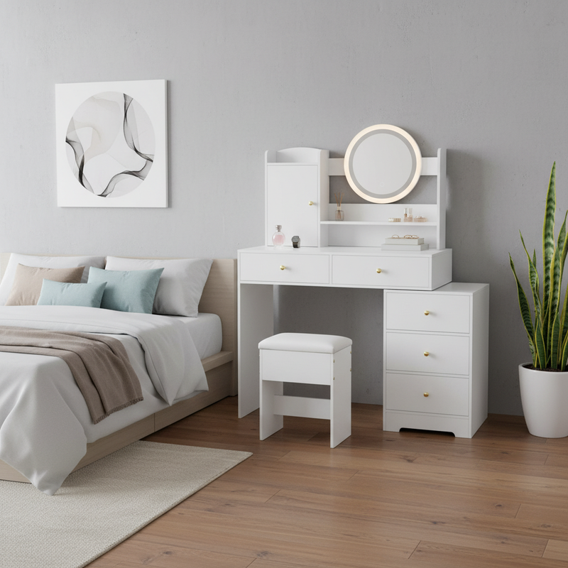 Coiffeuse moderne blanche avec tabouret, miroir LED, 5 tiroirs ETHER