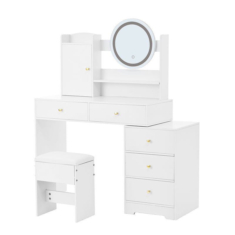 Coiffeuse moderne blanche avec tabouret, miroir LED, 5 tiroirs ETHER