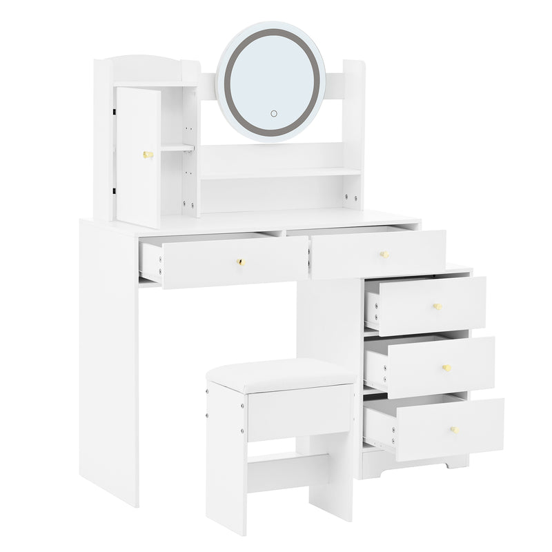 Coiffeuse moderne blanche avec tabouret, miroir LED, 5 tiroirs ETHER