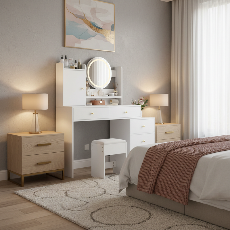 Coiffeuse moderne blanche avec tabouret, miroir LED, 5 tiroirs ETHER