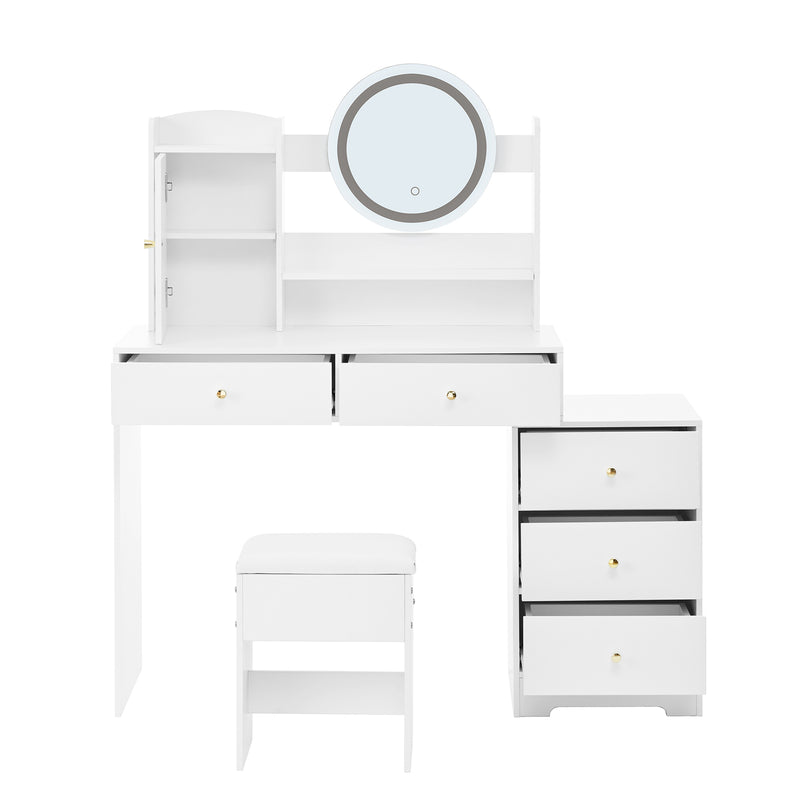 Coiffeuse moderne blanche avec tabouret, miroir LED, 5 tiroirs ETHER