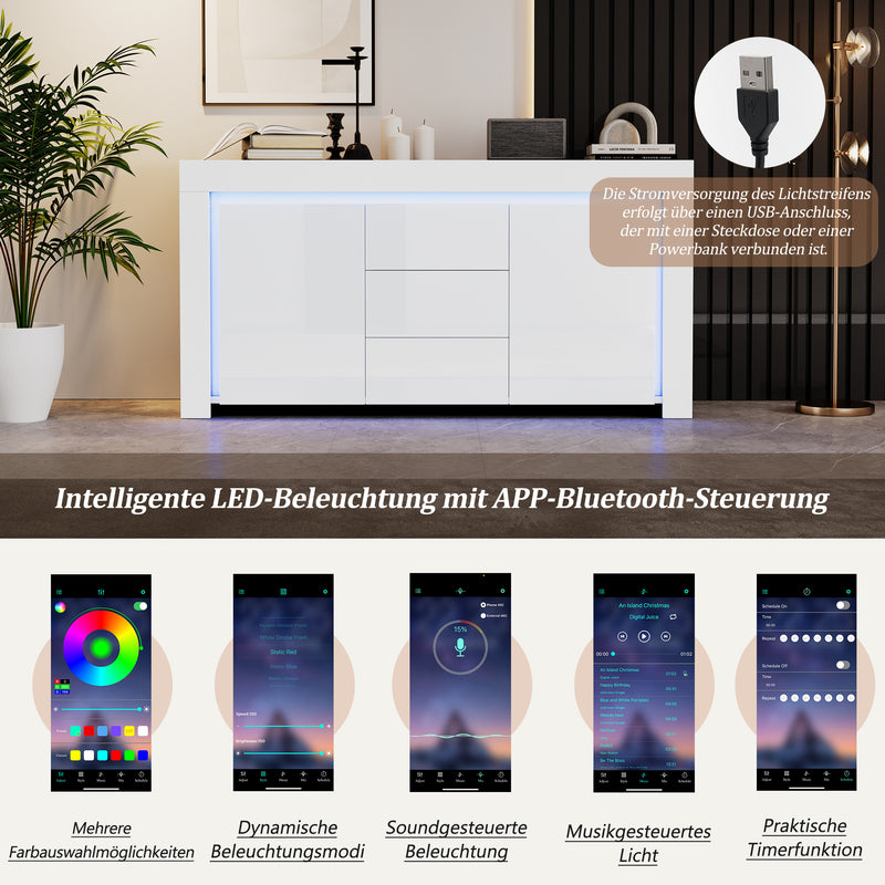 Buffet blanc laqué brillant avec éclairage LED 2 portes 3 tiroirs EUGLENOID