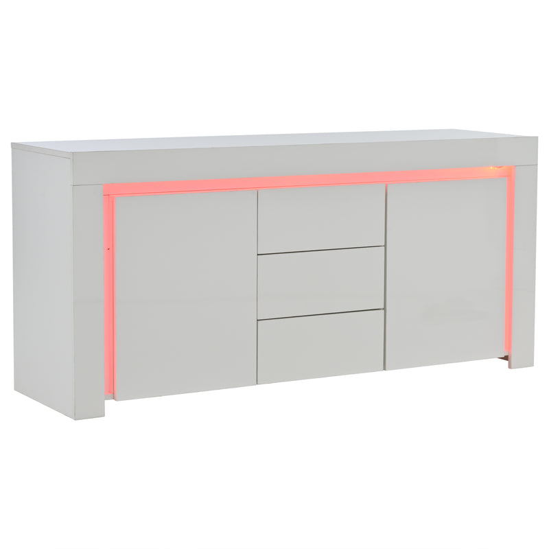 Buffet blanc laqué brillant avec éclairage LED 2 portes 3 tiroirs EUGLENOID