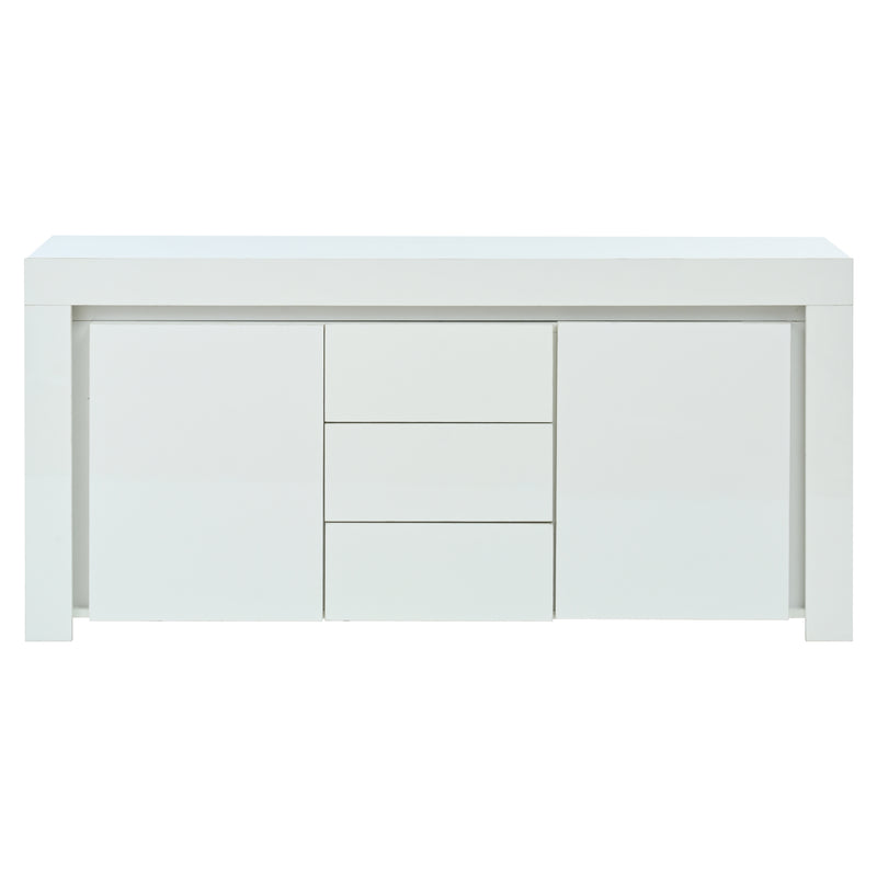 Buffet blanc laqué brillant avec éclairage LED 2 portes 3 tiroirs EUGLENOID
