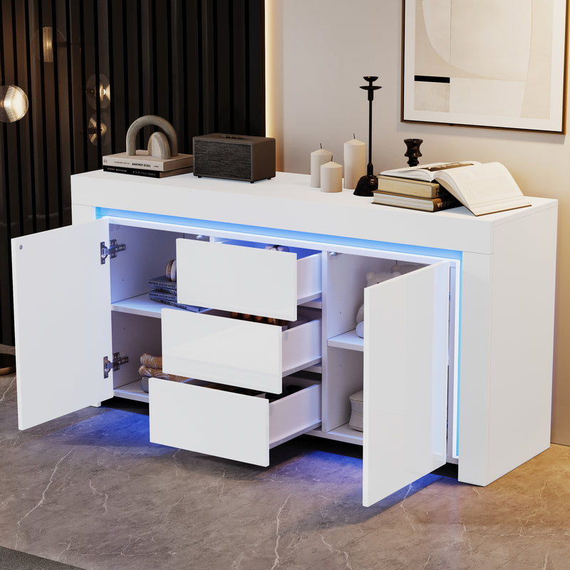 Buffet blanc laqué brillant avec éclairage LED 2 portes 3 tiroirs EUGLENOID
