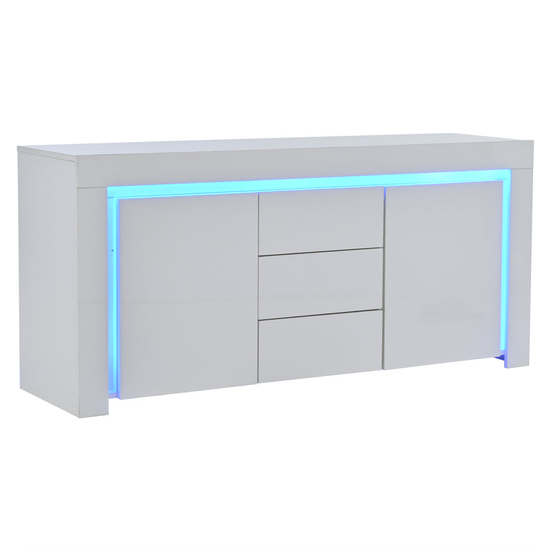Buffet blanc laqué brillant avec éclairage LED 2 portes 3 tiroirs EUGLENOID