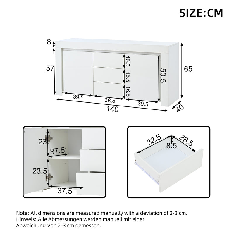 Buffet blanc laqué brillant avec éclairage LED 2 portes 3 tiroirs EUGLENOID