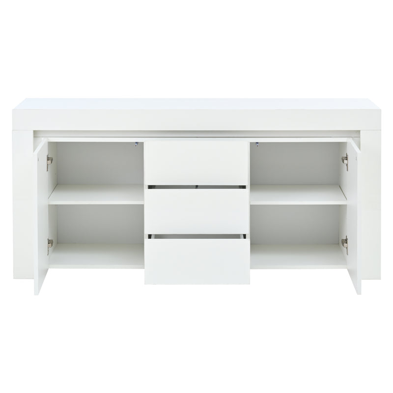 Buffet blanc laqué brillant avec éclairage LED 2 portes 3 tiroirs EUGLENOID