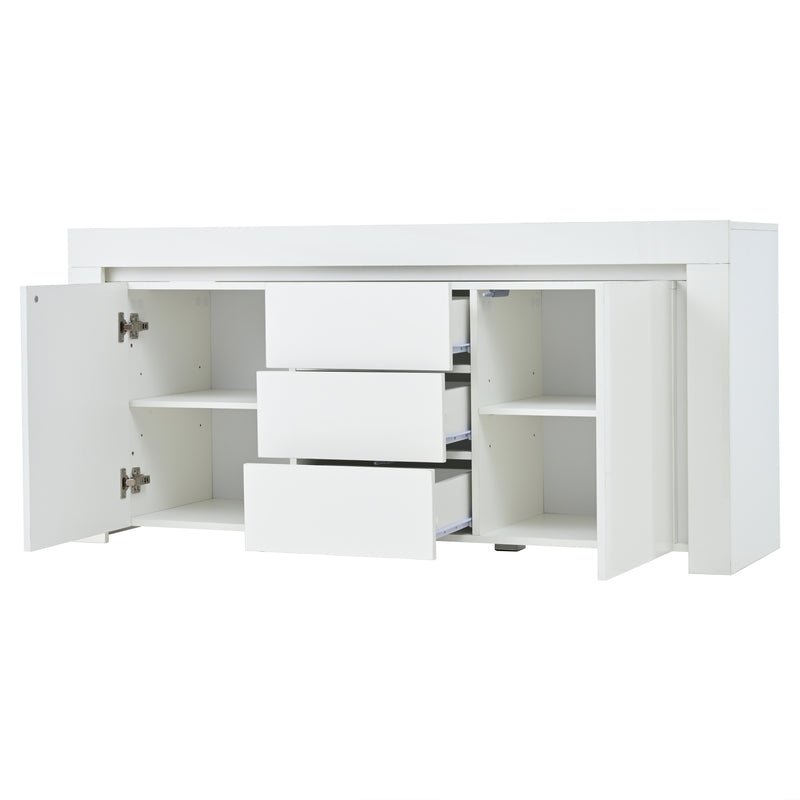 Buffet blanc laqué brillant avec éclairage LED 2 portes 3 tiroirs EUGLENOID