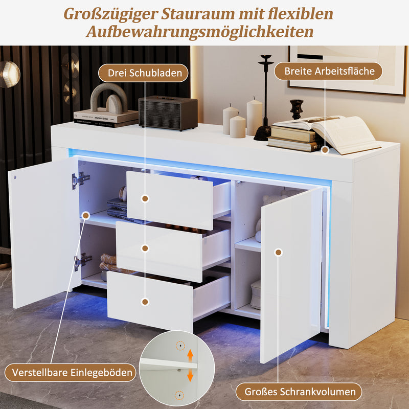 Buffet blanc laqué brillant avec éclairage LED 2 portes 3 tiroirs EUGLENOID