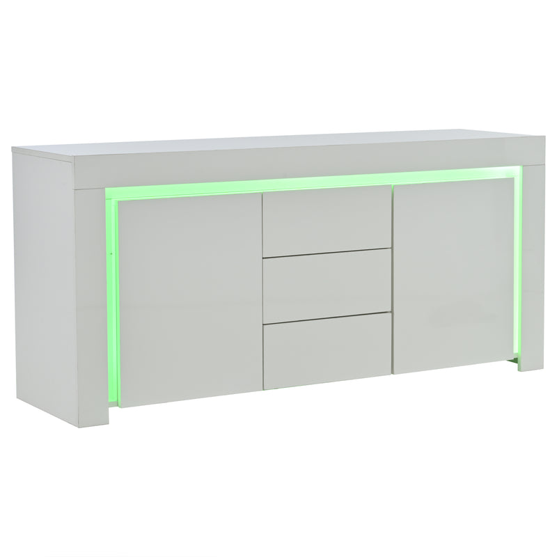 Buffet blanc laqué brillant avec éclairage LED 2 portes 3 tiroirs EUGLENOID
