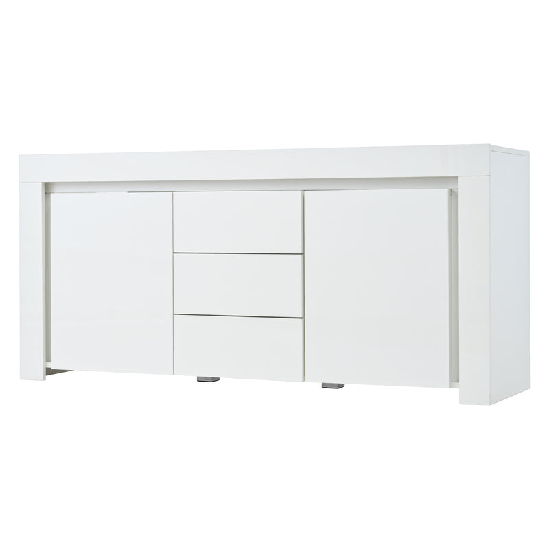Buffet blanc laqué brillant avec éclairage LED 2 portes 3 tiroirs EUGLENOID