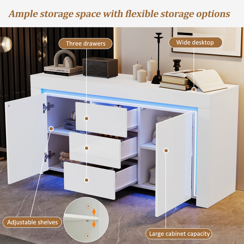 Buffet blanc laqué brillant avec éclairage LED 2 portes 3 tiroirs EUGLENOID