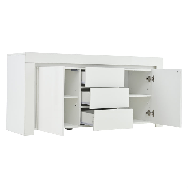 Buffet blanc laqué brillant avec éclairage LED 2 portes 3 tiroirs EUGLENOID