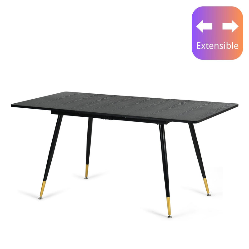 Schwarzer ausziehbarer rechteckiger Esszimmertisch im skandinavischen Stil mit goldenen Punktfüßen 120-160 WHALEN DARK WOOD STRETCH TABLE BG