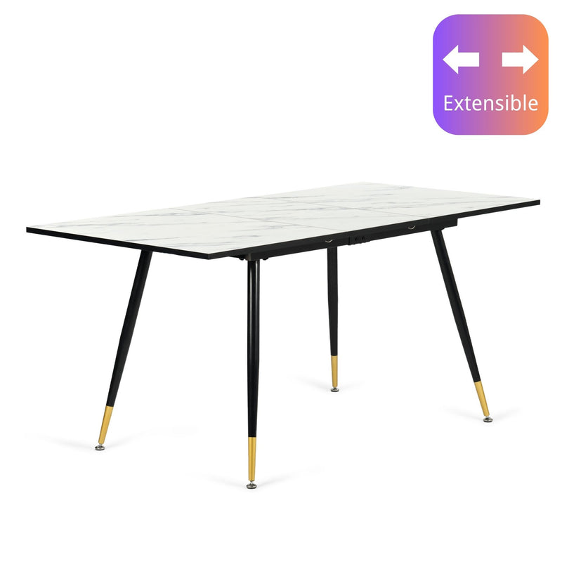 Table de salle à manger rectangulaire extensible blanche effet marbre de style scandinave pieds points dorés 120-160 WHALEN WHITE MARBLE STRETCH TABLE BG