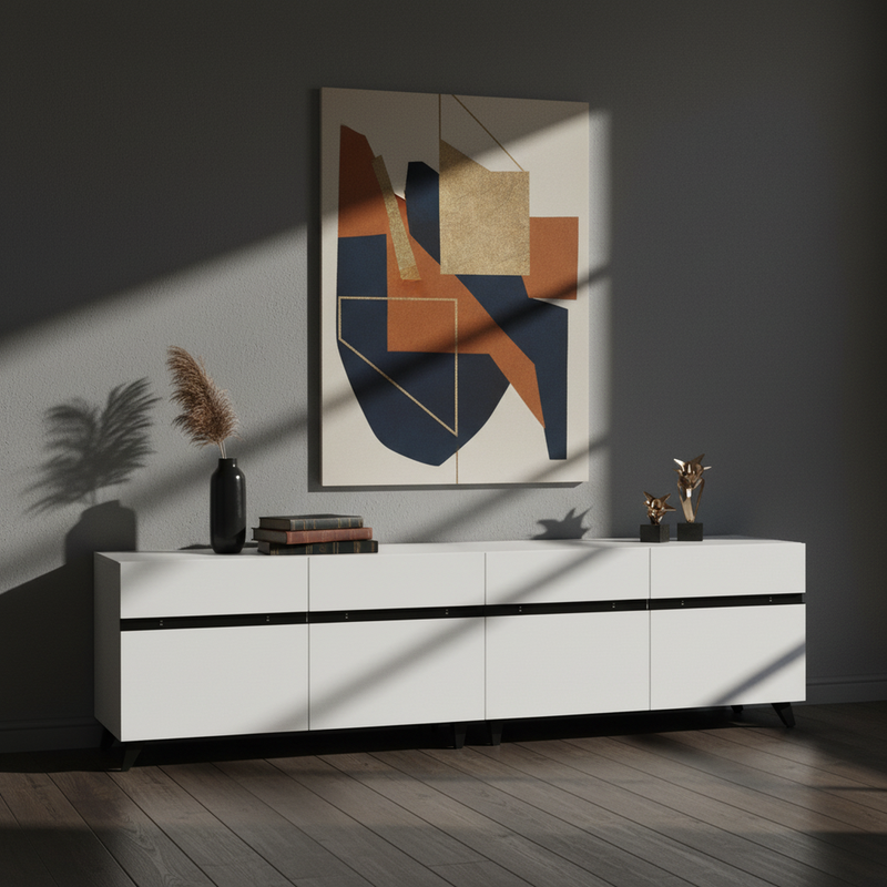 Meuble TV blanc laqué brillant avec bande noire et 4 portes EXUDATION