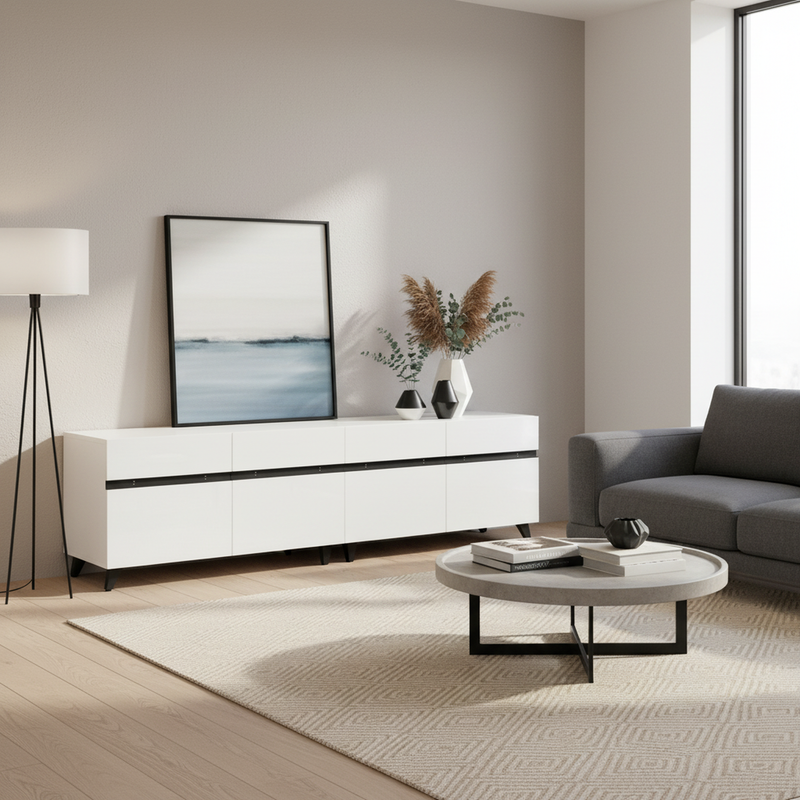 Meuble TV blanc laqué brillant avec bande noire et 4 portes EXUDATION