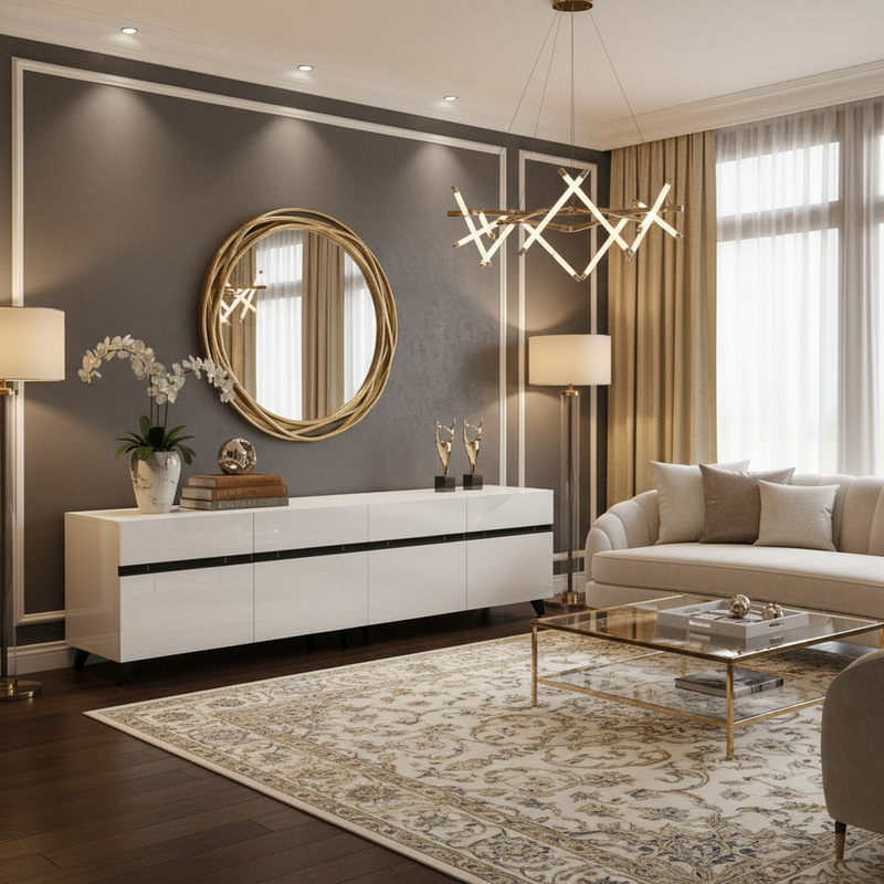Meuble TV blanc laqué brillant avec bande noire et 4 portes EXUDATION