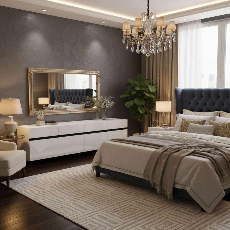 Meuble TV blanc laqué brillant avec bande noire et 4 portes EXUDATION