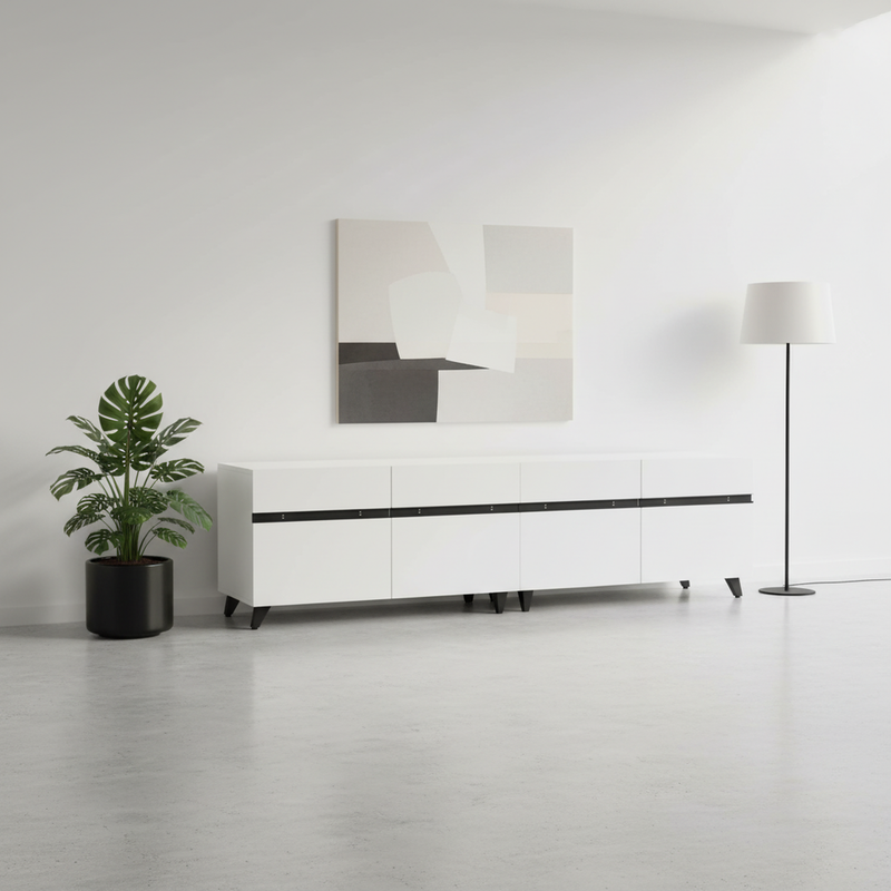 Meuble TV blanc laqué brillant avec bande noire et 4 portes EXUDATION