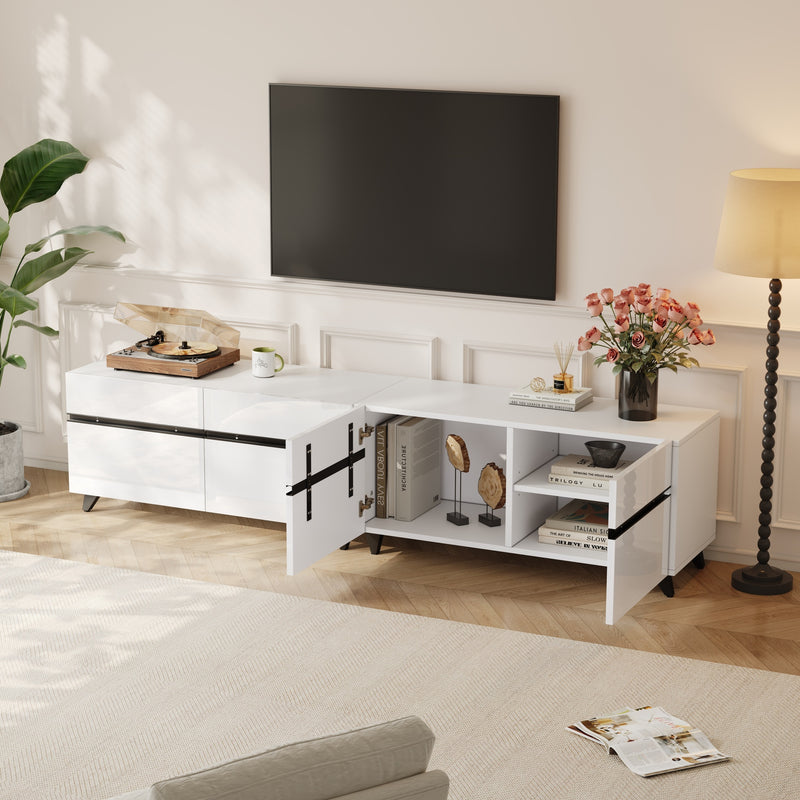 Meuble TV blanc laqué brillant avec bande noire et 4 portes EXUDATION