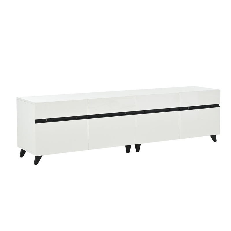 Meuble TV blanc laqué brillant avec bande noire et 4 portes EXUDATION