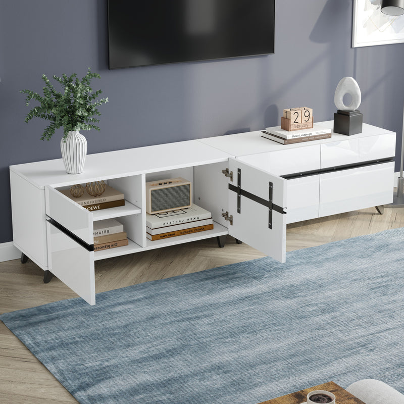 Meuble TV blanc laqué brillant avec bande noire et 4 portes EXUDATION
