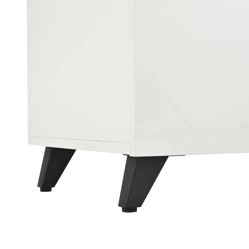 Meuble TV blanc laqué brillant avec bande noire et 4 portes EXUDATION