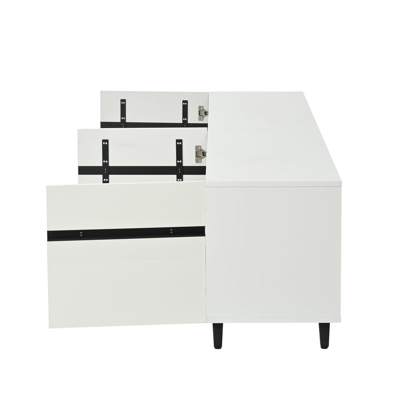 Meuble TV blanc laqué brillant avec bande noire et 4 portes EXUDATION