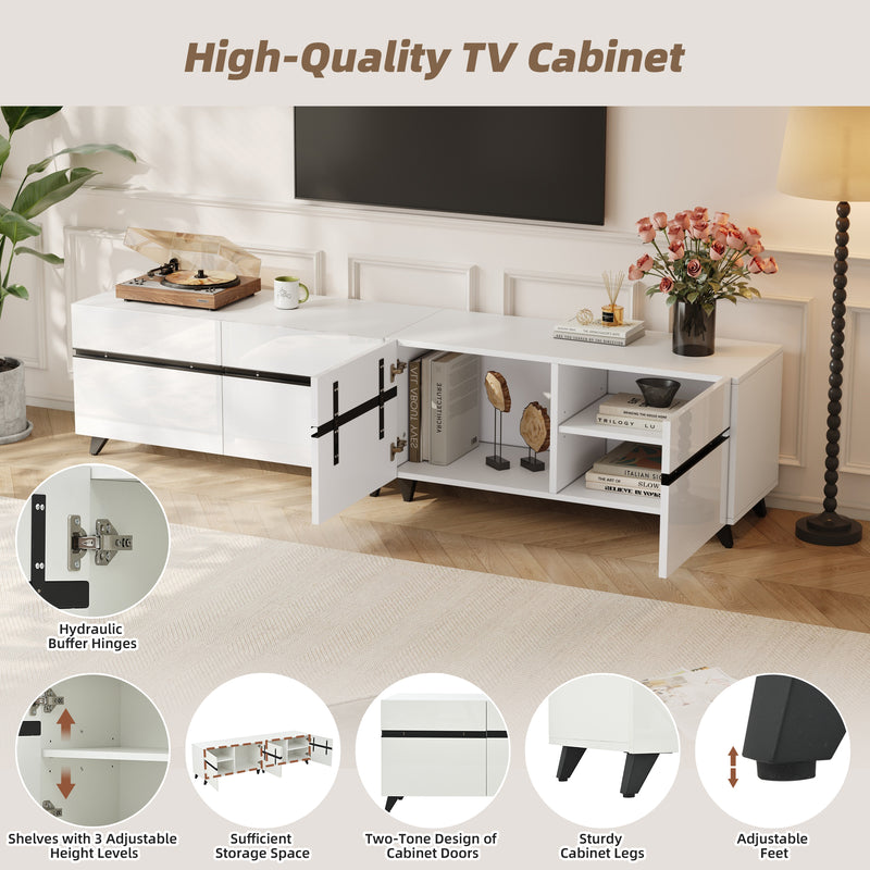 Meuble TV blanc laqué brillant avec bande noire et 4 portes EXUDATION