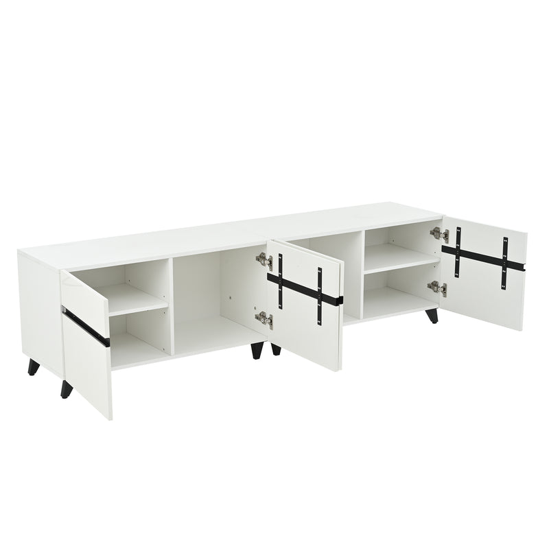 Meuble TV blanc laqué brillant avec bande noire et 4 portes EXUDATION