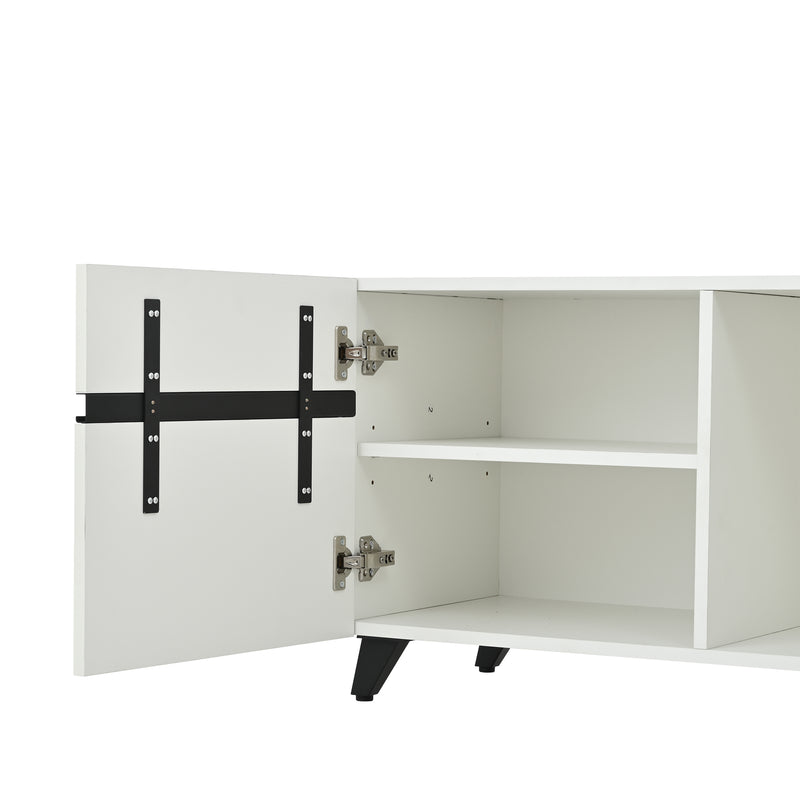 Meuble TV blanc laqué brillant avec bande noire et 4 portes EXUDATION
