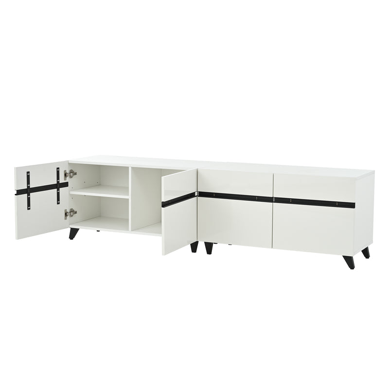 Meuble TV blanc laqué brillant avec bande noire et 4 portes EXUDATION
