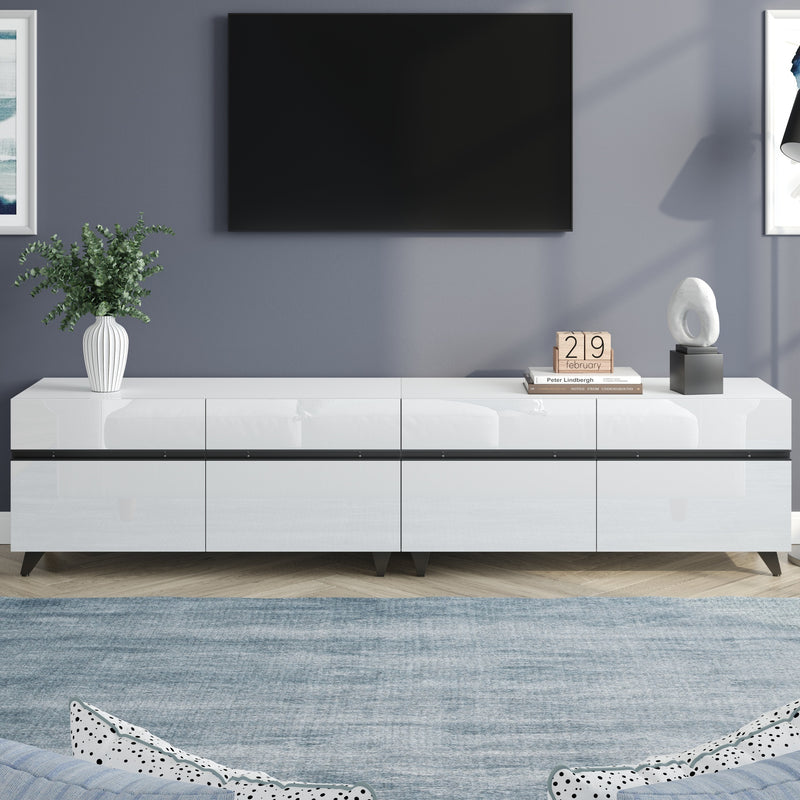 Meuble TV blanc laqué brillant avec bande noire et 4 portes EXUDATION