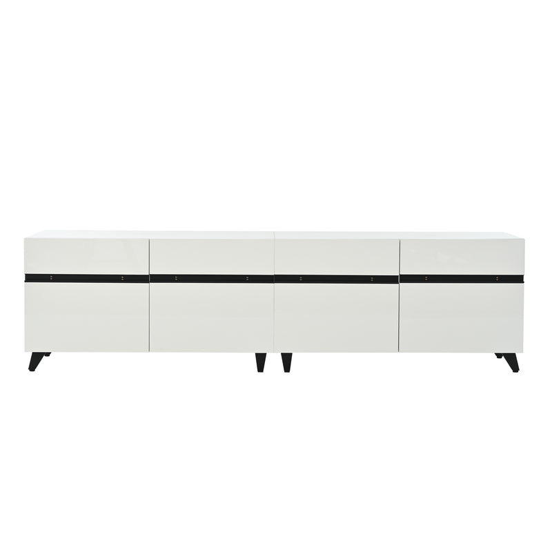 Meuble TV blanc laqué brillant avec bande noire et 4 portes EXUDATION
