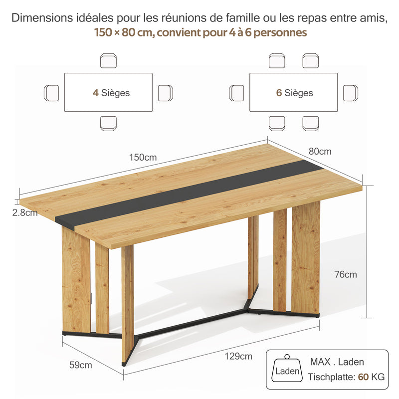 Table à manger rectangulaire effet chêne naturel et noir 150*80cm BALATA
