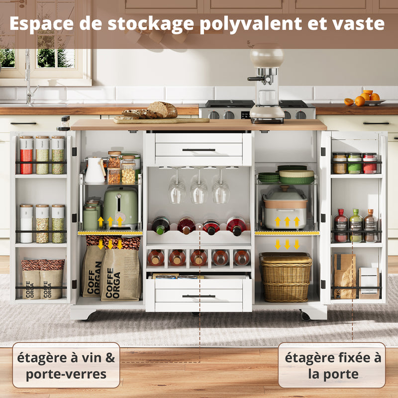 Îlot de cuisine blanc, plan effet bois pliant, porte-verres, casier à vin avec roulettes SEMIOCH