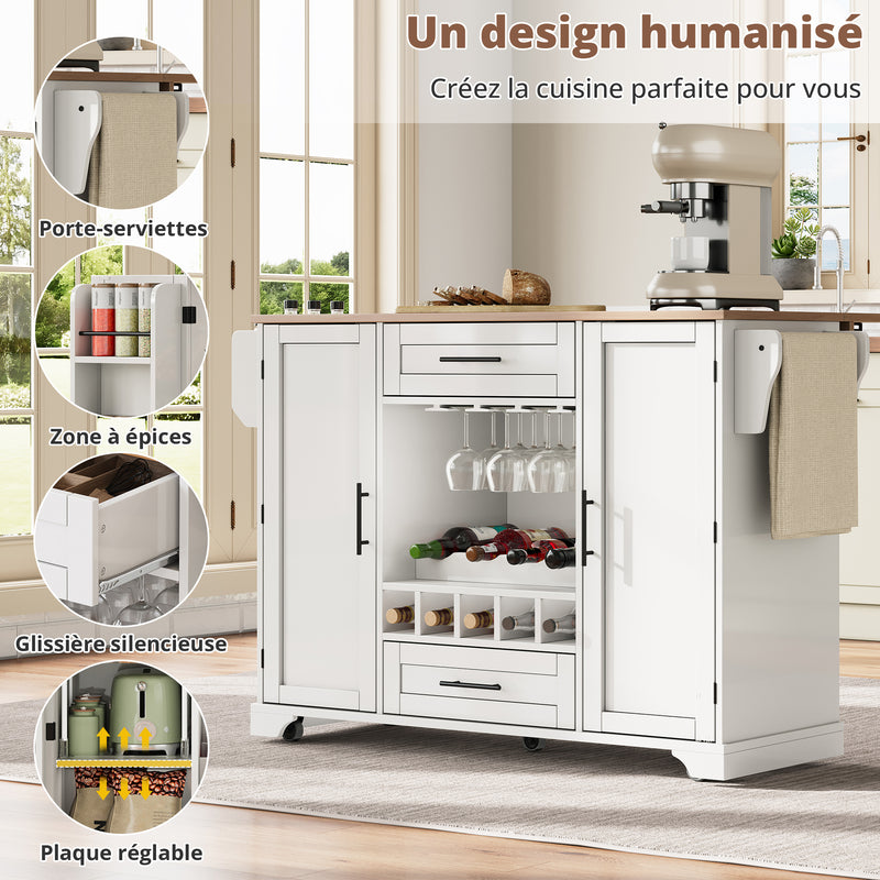 Îlot de cuisine blanc, plan effet bois pliant, porte-verres, casier à vin avec roulettes SEMIOCH