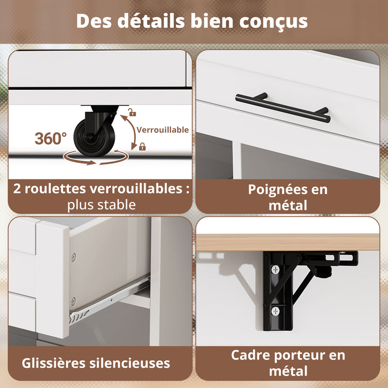 Îlot de cuisine blanc, plan effet bois pliant, porte-verres, casier à vin avec roulettes SEMIOCH