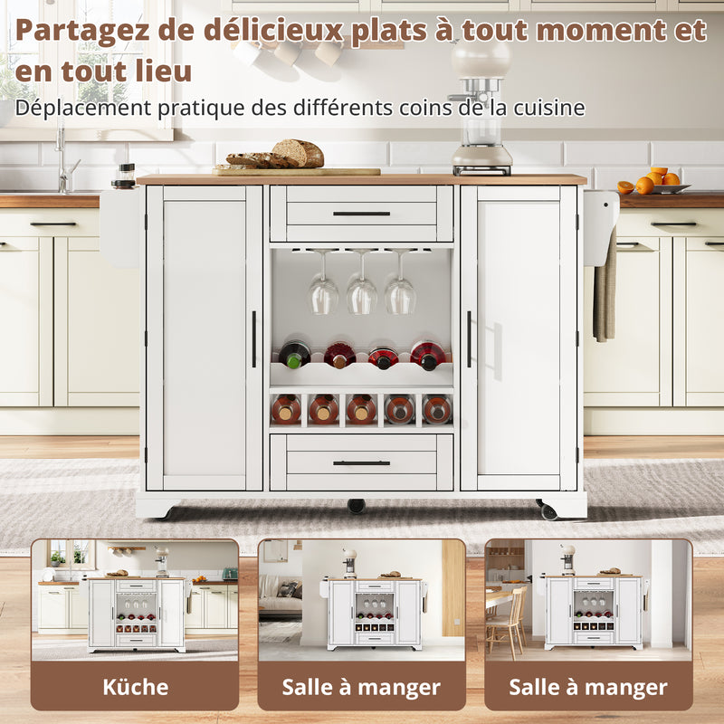 Îlot de cuisine blanc, plan effet bois pliant, porte-verres, casier à vin avec roulettes SEMIOCH