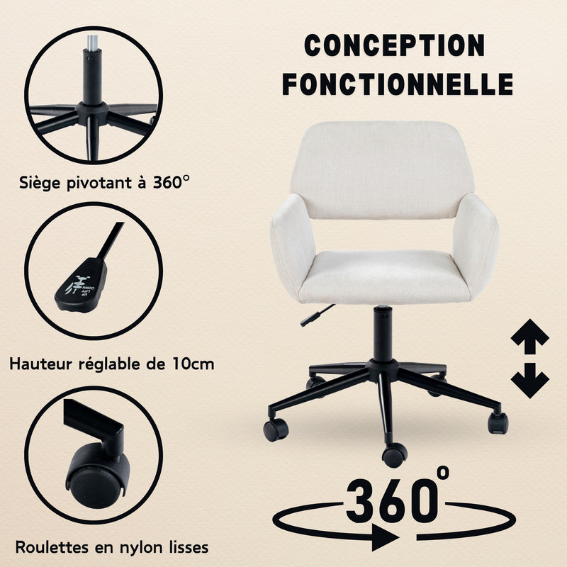 Ensemble de bureau en effect bois avec tiroirs de rangement et fauteuil roulant pivotant beige avec roulettes DEVAKI LIGHT WOOD+ROSS BEIGE