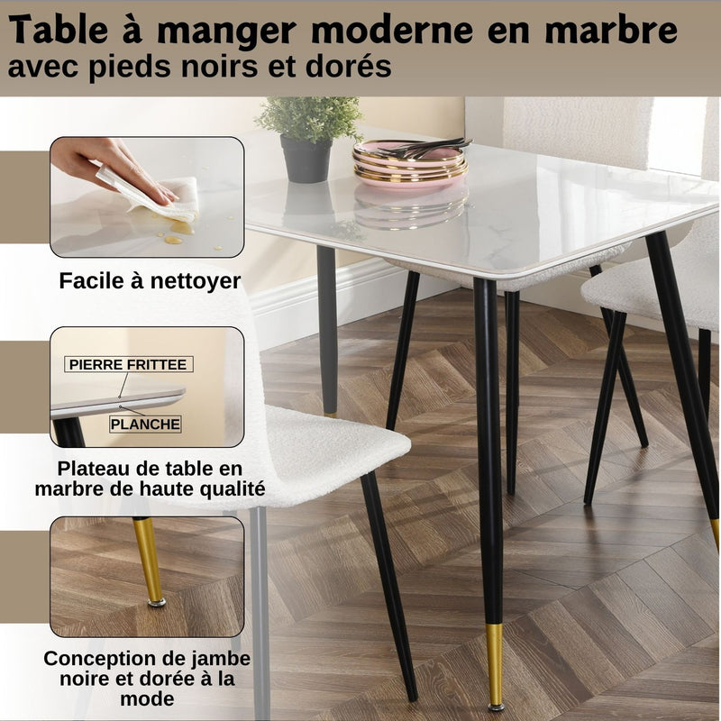 Table de salle à manger rectangulaire pierre effet marbre blanc pieds noirs dorés 110x70 WHALEN STONE WHITE MARBLE