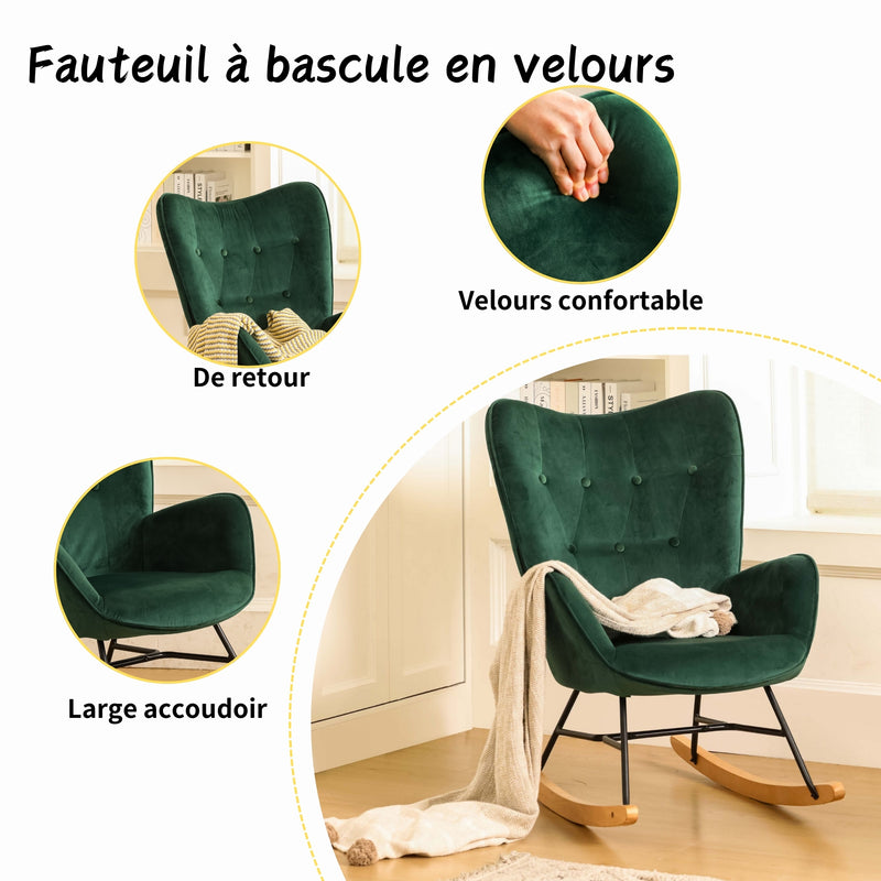 Fauteuil à bascule Scandinave velours vert pieds en bois clair EPPING KD VELVET GREEN WOOD LEG UKFR