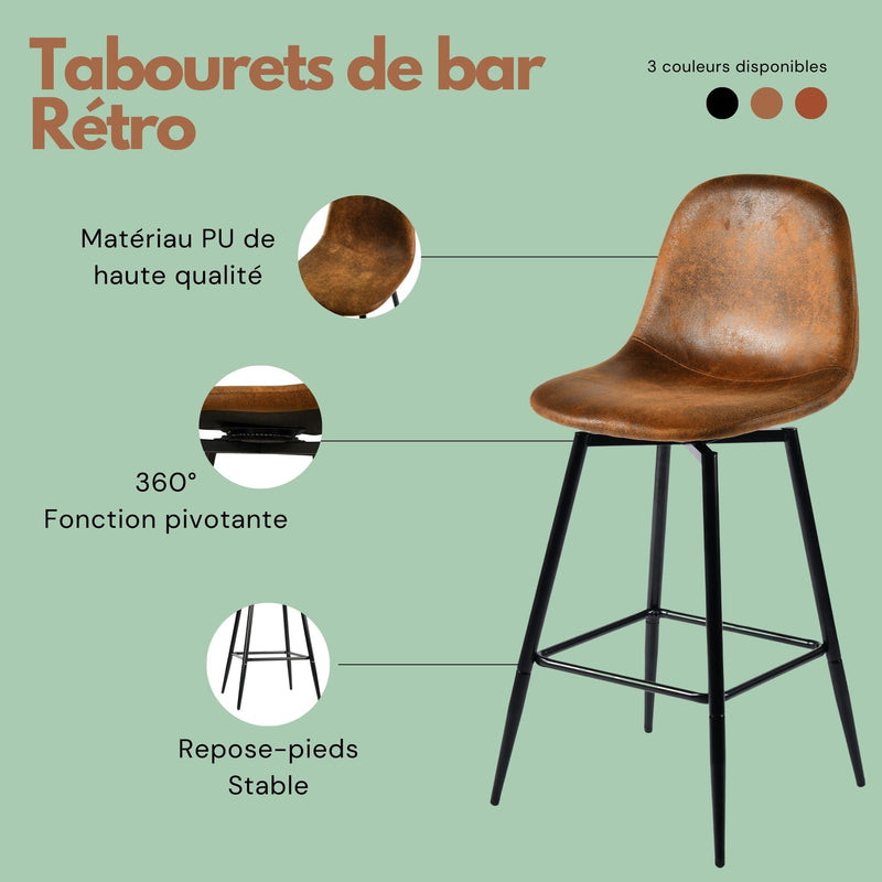 Lot de 2 tabourets de bar vintage pivotants en faux daim style industriel CHARLTON COUNTER SUEDE BROWN BLACK LEG 2PCS