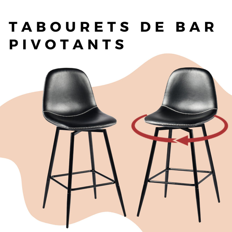 Lot de 2 tabourets de bar pivotants en PU noir de style industriel surpiqûres blancs CHARLTON COUNTER BLACK PU BLACK LEG 2PCS