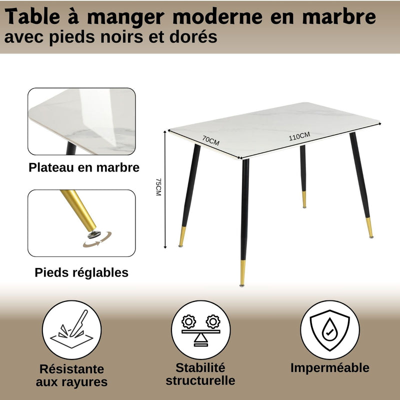 Table de salle à manger rectangulaire pierre effet marbre blanc pieds noirs dorés 110x70 WHALEN STONE WHITE MARBLE