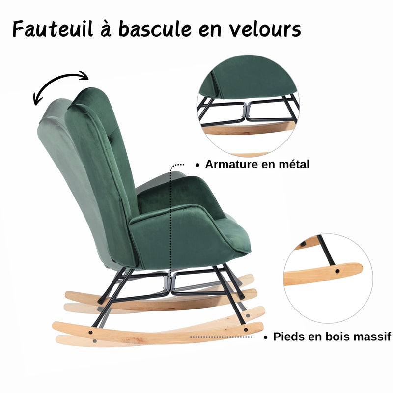 Fauteuil à bascule Scandinave velours vert pieds en bois clair EPPING KD VELVET GREEN WOOD LEG UKFR