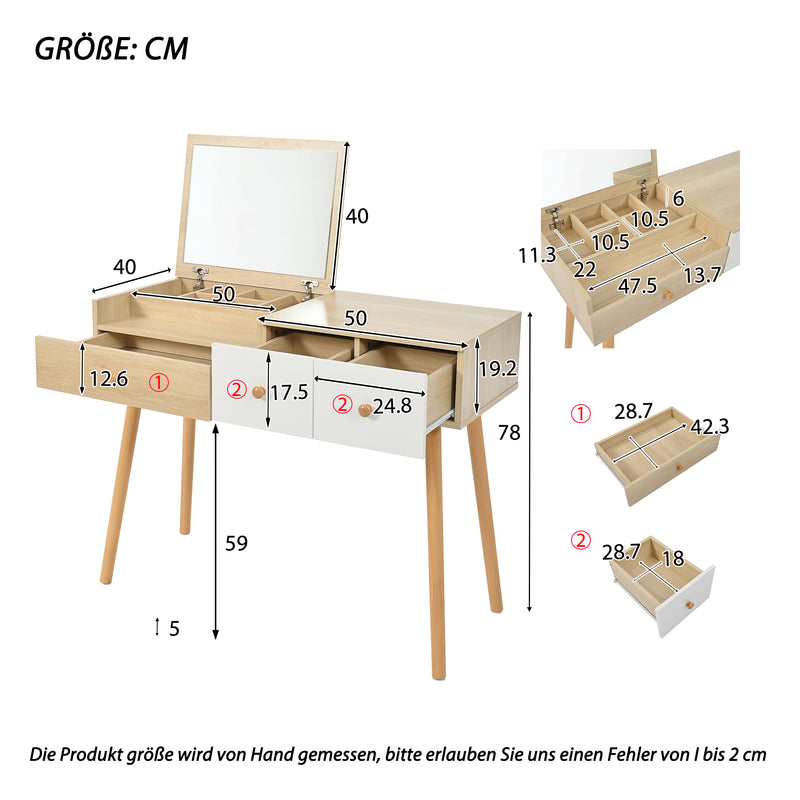 Coiffeuse effet bois et blanc table de maquillage avec miroir (sans tabouret) FAQAK