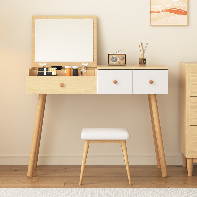 Coiffeuse effet bois et blanc table de maquillage avec miroir (sans tabouret) FAQAK